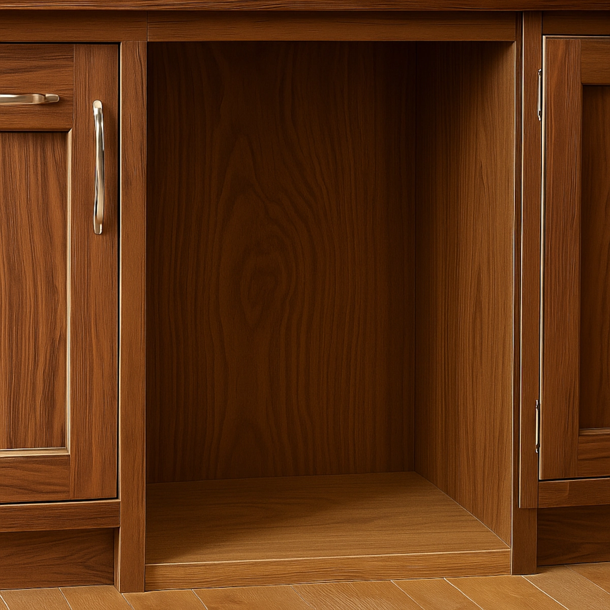 Empty wooden cabinet space prepped for wine fridge installation, showing clean structure and base.
