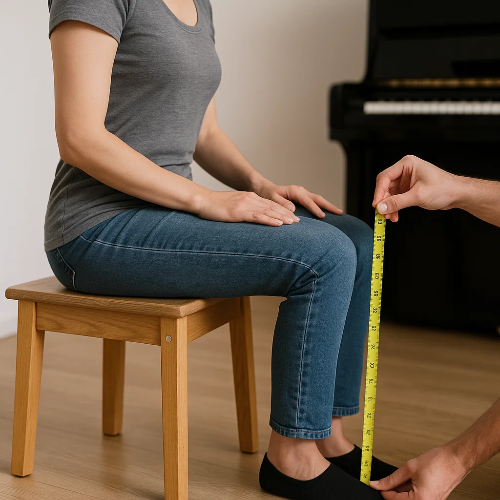 Woman seated on wooden bench while another person measures knee height for proper piano seating