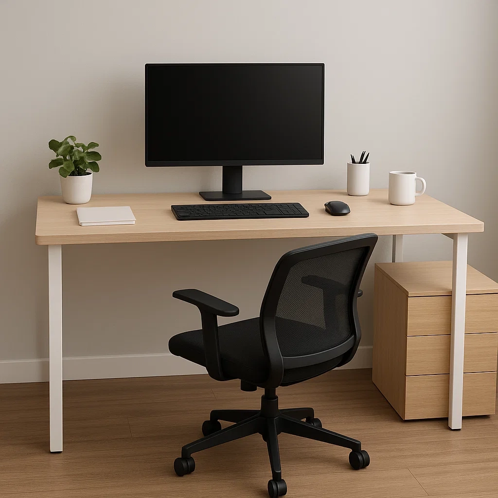 Minimal wood desk with computer, chair, and plant.