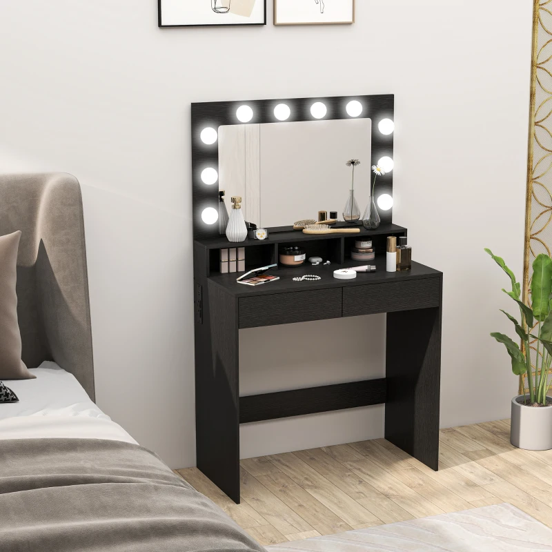 Mirrored vanity table with Hollywood bulb mirror and cosmetics displayed in a bright bedroom corner.