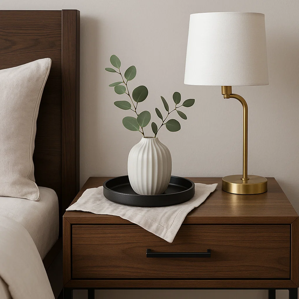 Wooden bedside table with lamp, ceramic vase, and tray decor.