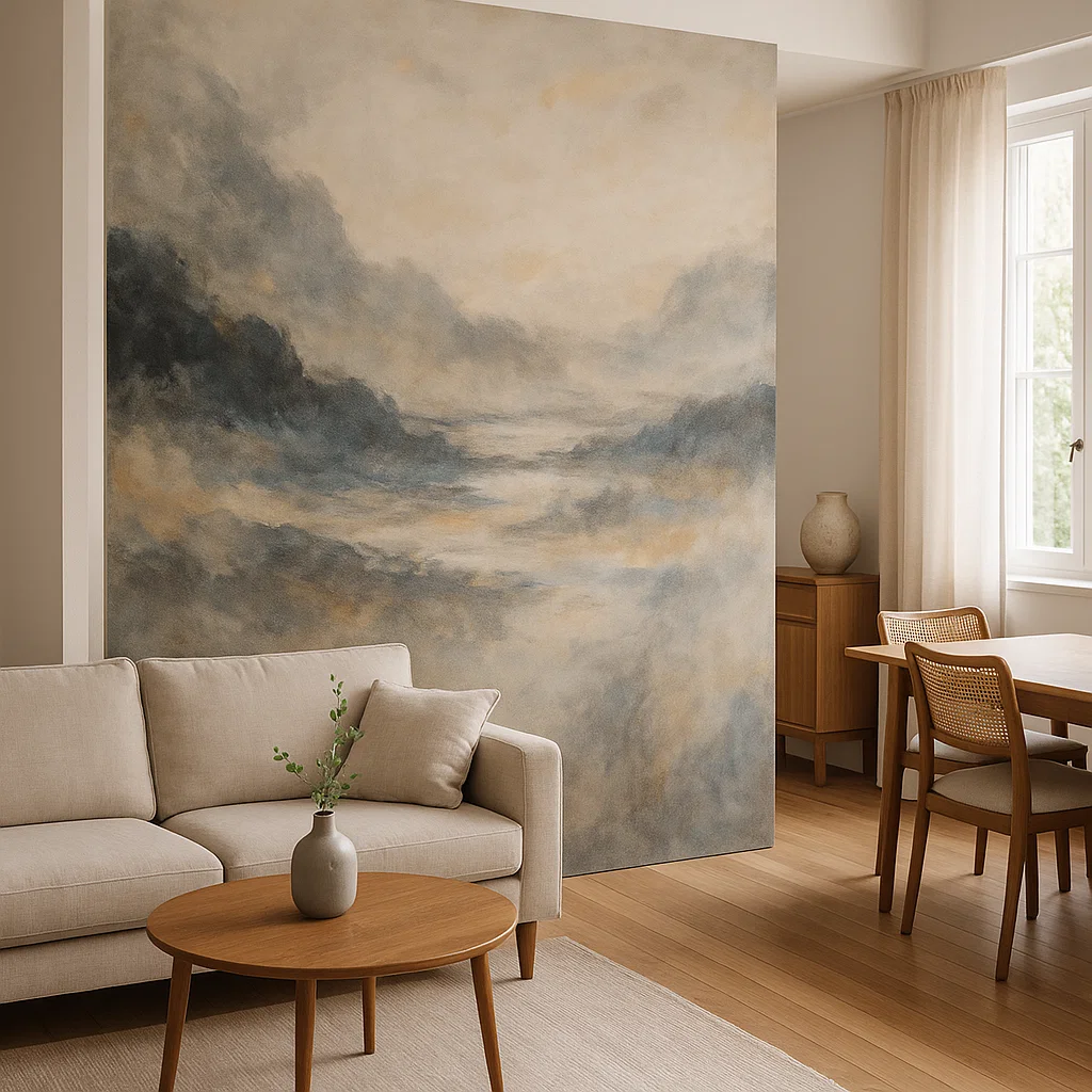 Large artistic wall mural separating living room from dining space in warm, neutral-toned interior.