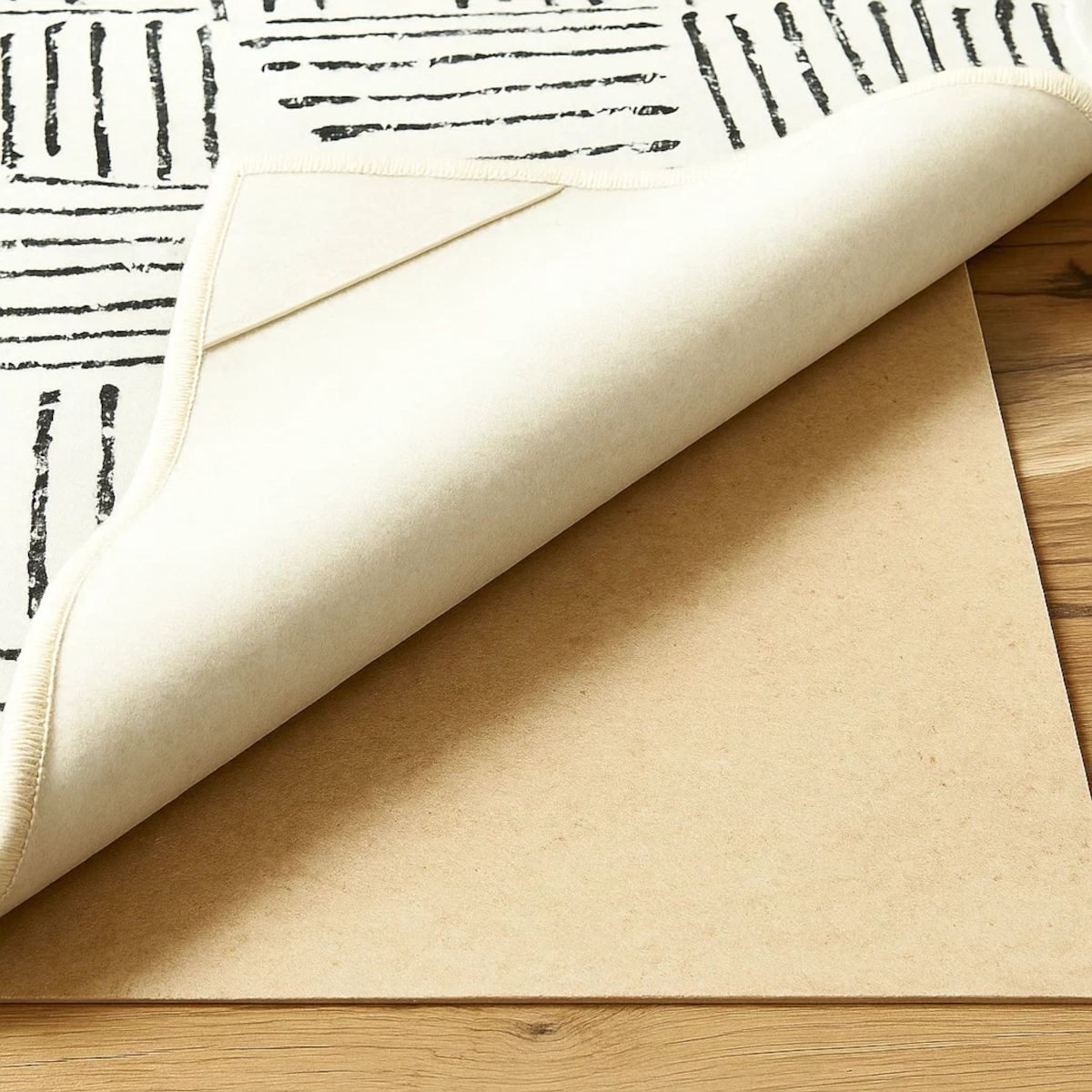 Solid natural rubber rug pad placed under an area rug to prevent shifting on a hardwood surface.
