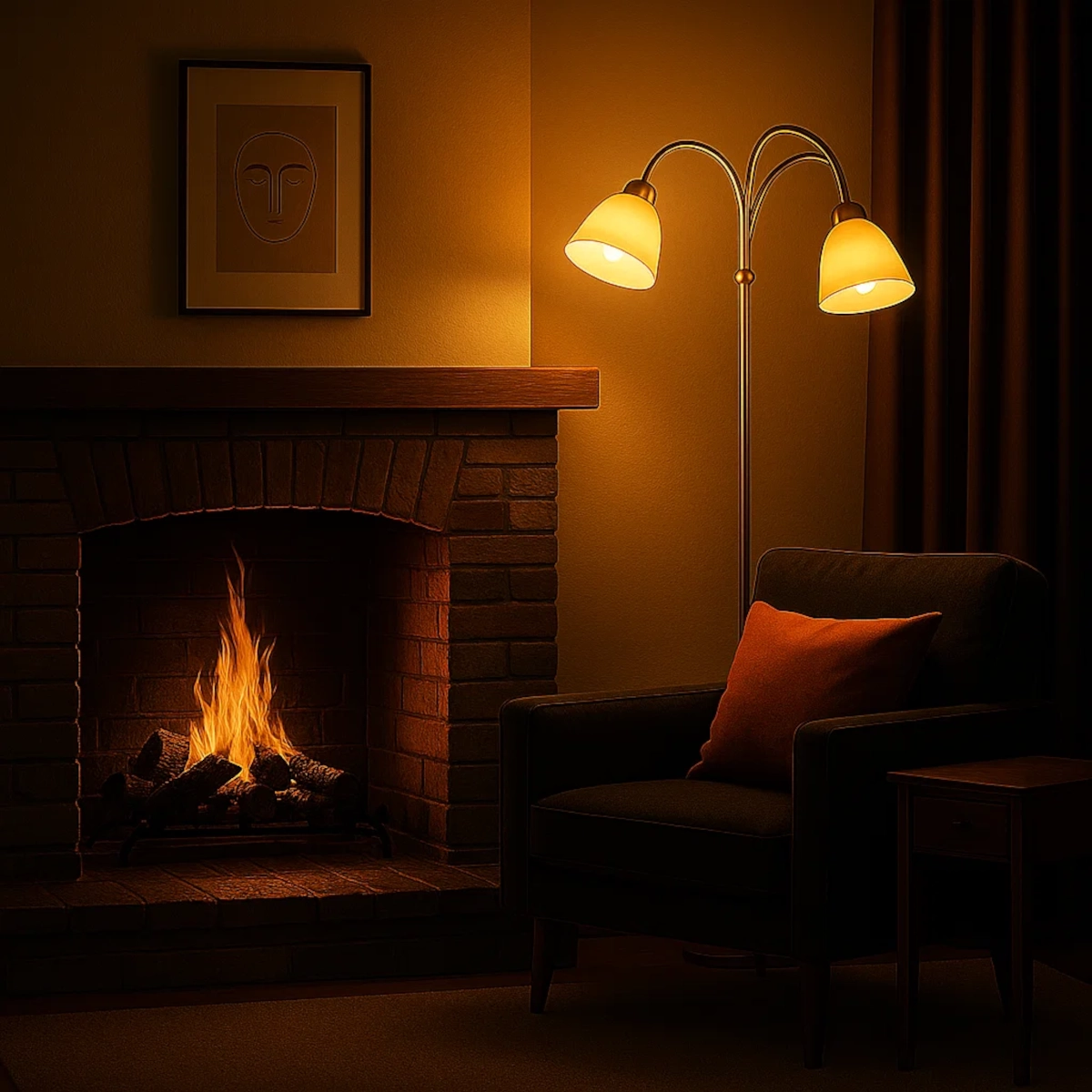 Floor lamp beside armchair near glowing fireplace