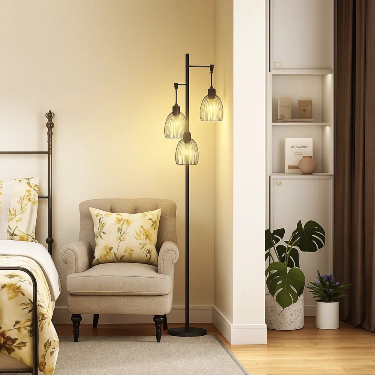 Floor lamp beside cushioned beige armchair with floral pillow near bed.
