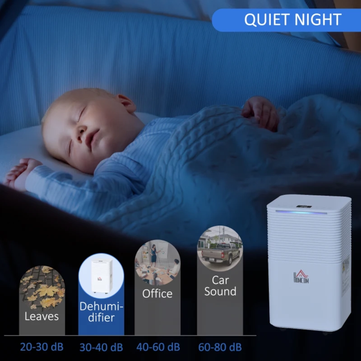 Baby sleeping peacefully beside dehumidifier, noise level chart comparing common sounds.
