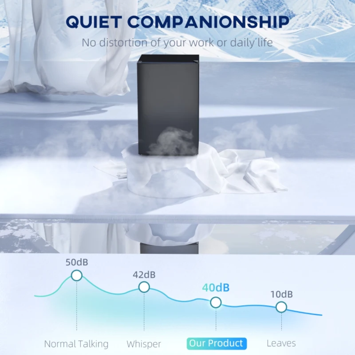 Black mini fridge on icy surface with noise chart showing 40dB compared to other sounds
