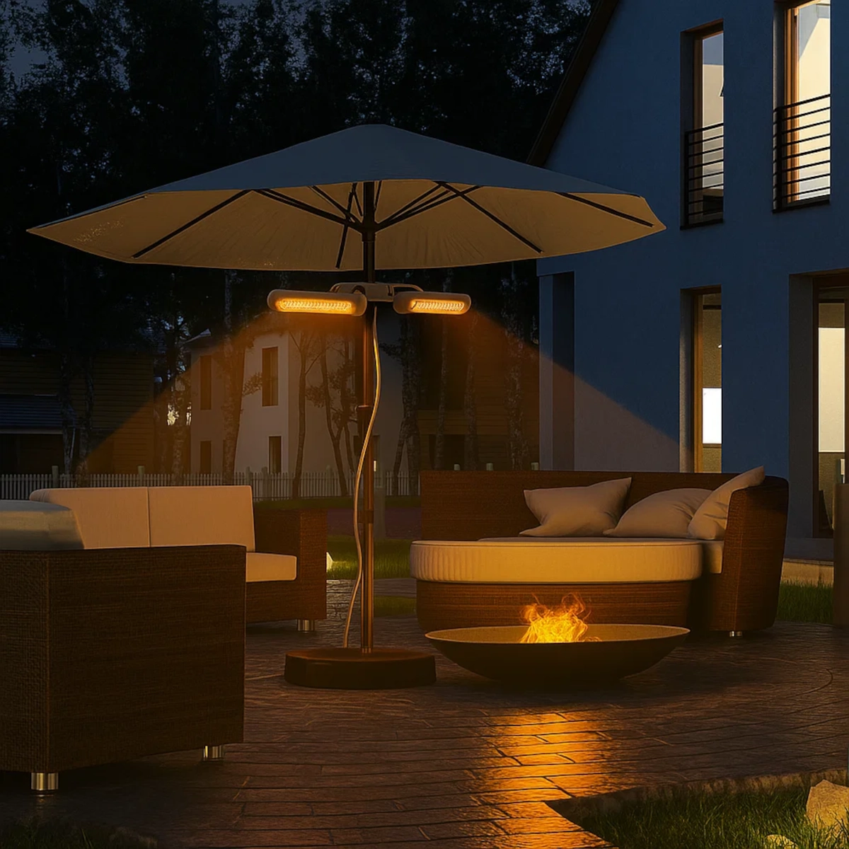 Infrared patio heater providing warm lighting to outdoor seating under umbrella at night.