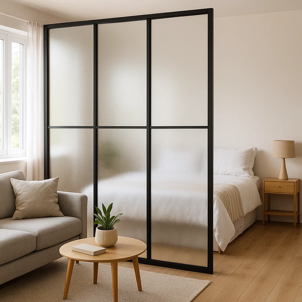 Frosted glass and black frame room divider provides privacy while allowing natural light into the space