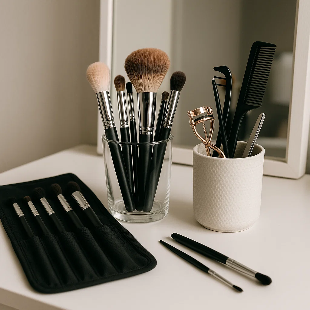 Makeup brushes in glass holders with eyelash curler, combs, and additional brush set on vanity.