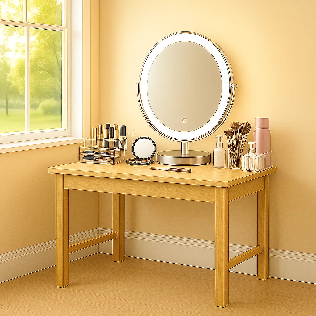 Desk with cosmetics, brushes, and organizers neatly arranged for daily use.