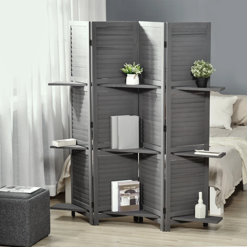 Gray wooden panel room divider with built-in corner shelves for books and plants.
