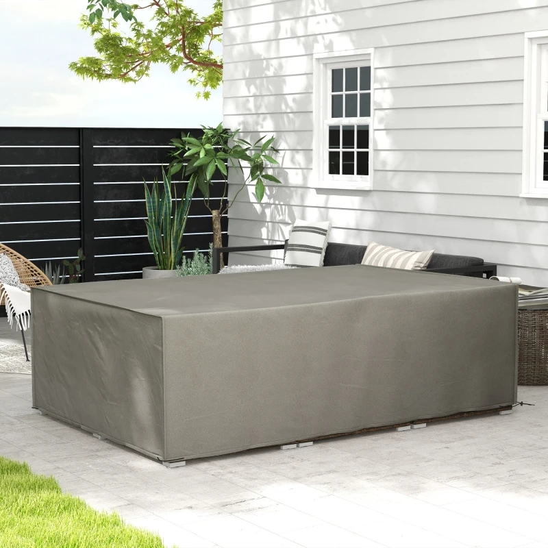 Light grey cover shielding patio seating set