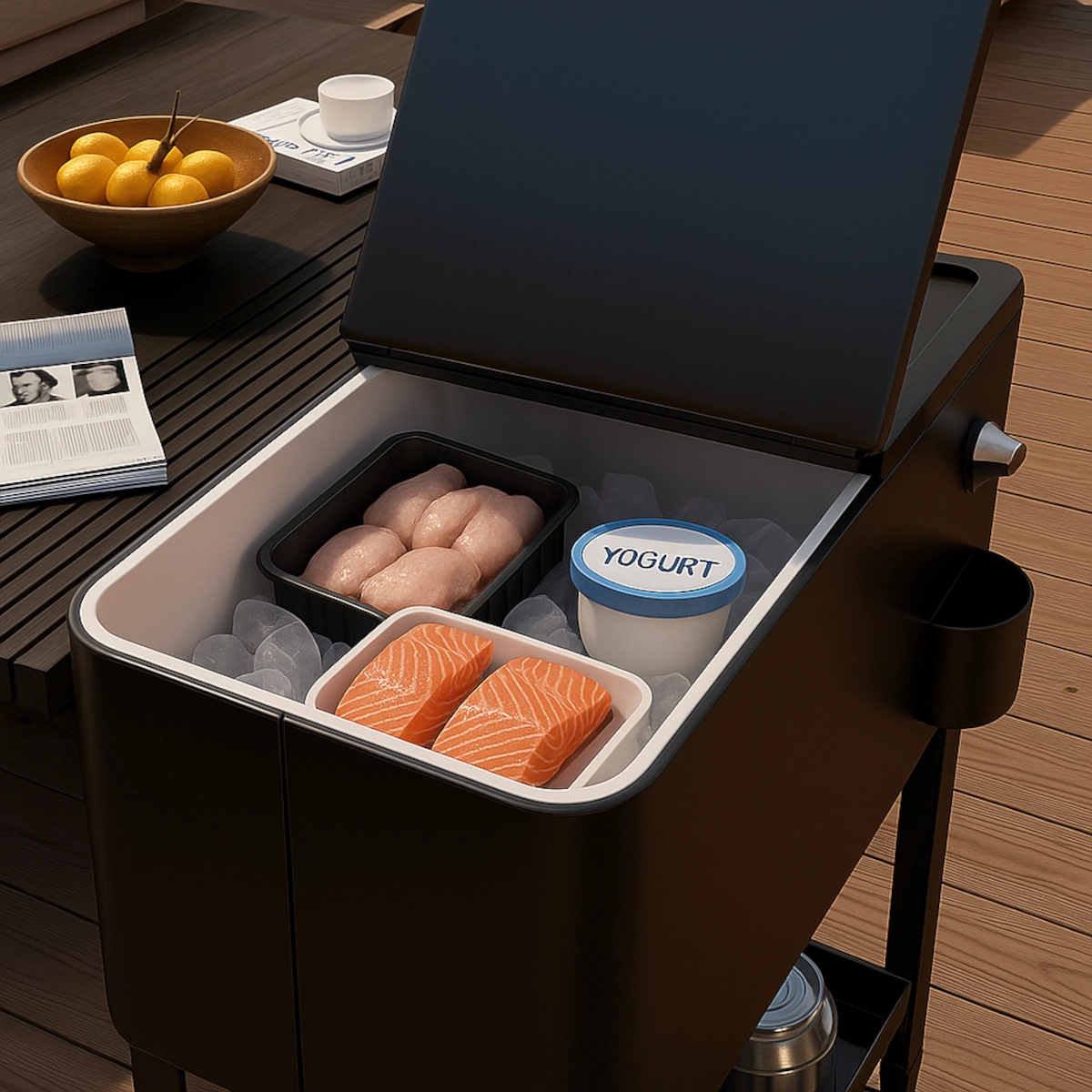 Cooler with salmon, chicken, and yogurt over ice.