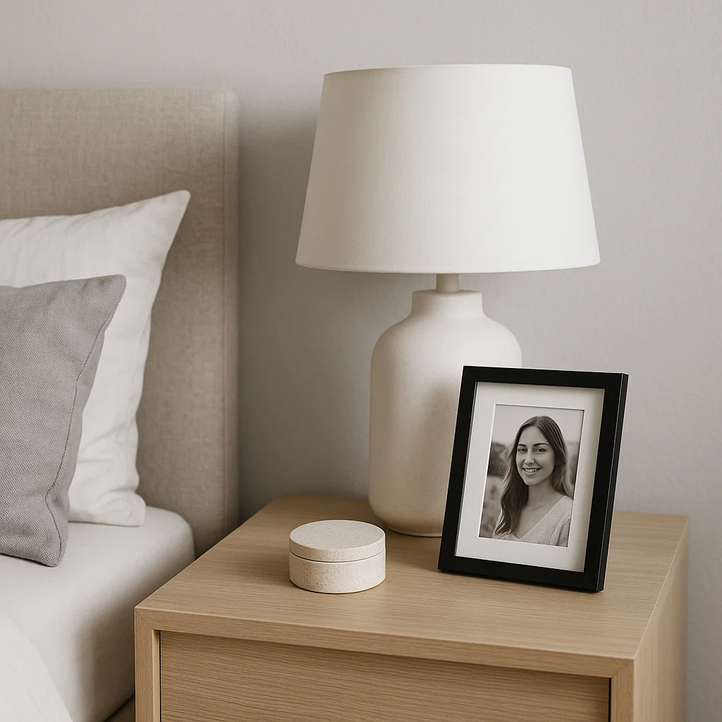 Bedside table with lamp, framed photo, and small storage box.