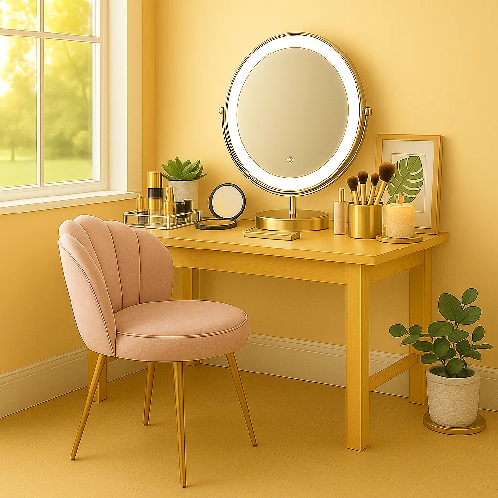 Stylish vanity setup with gold accents, plants, and candles for a cozy look.