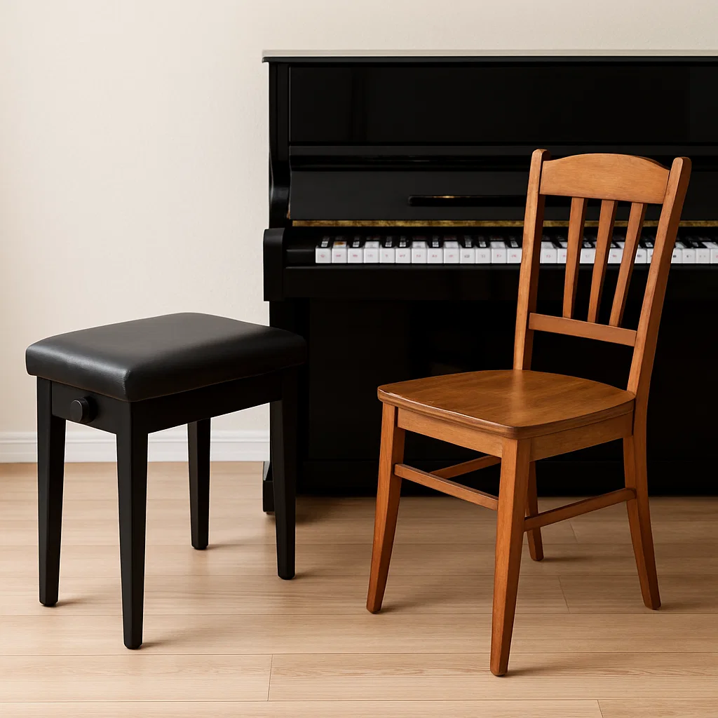 Wooden chair and black bench in front of piano.