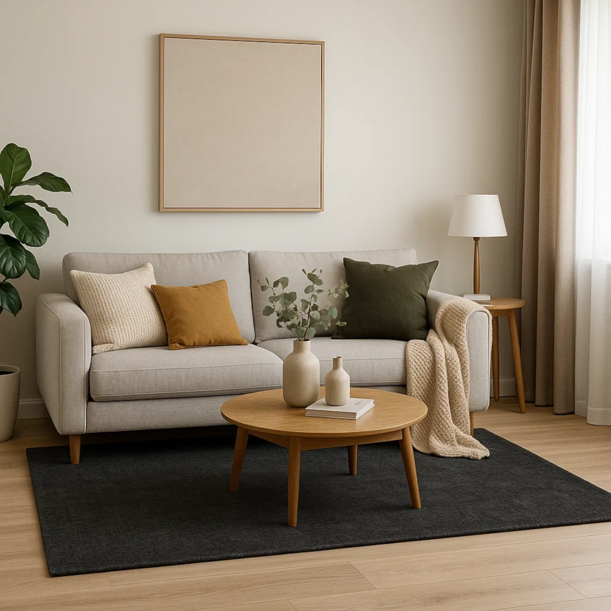 Minimalist living room with beige sofa, black area rug, and neutral-toned decor creating colour balance.