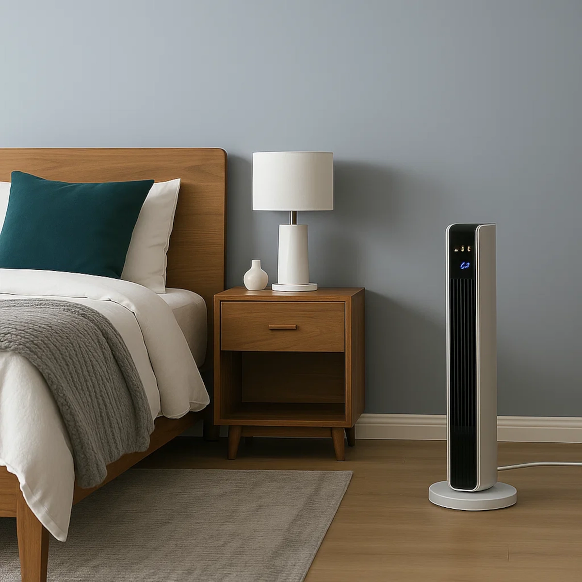 Bedroom space heater beside nightstand, providing warmth to bed area with grey bedding.