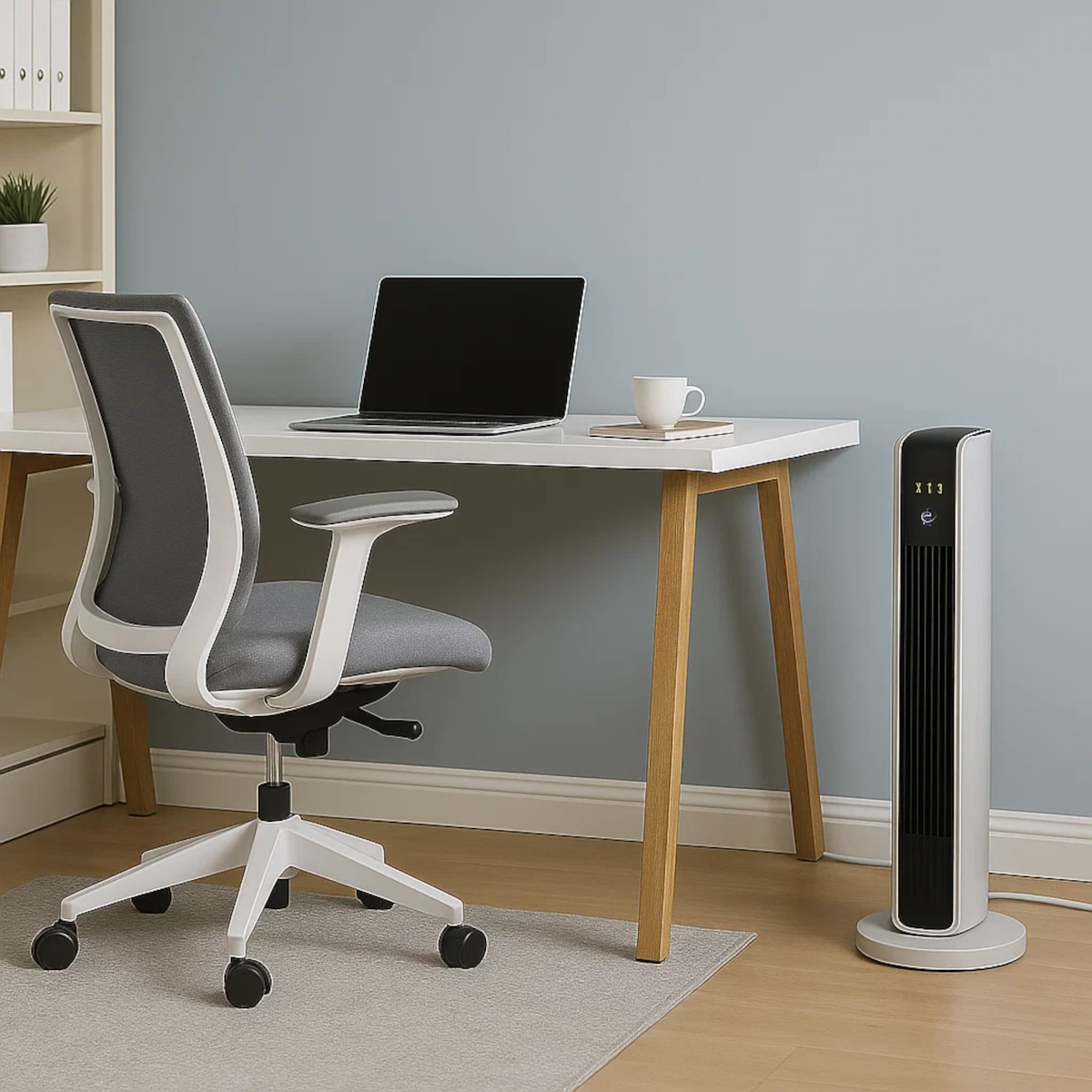 Space heater positioned near desk in home office for targeted warmth while working.