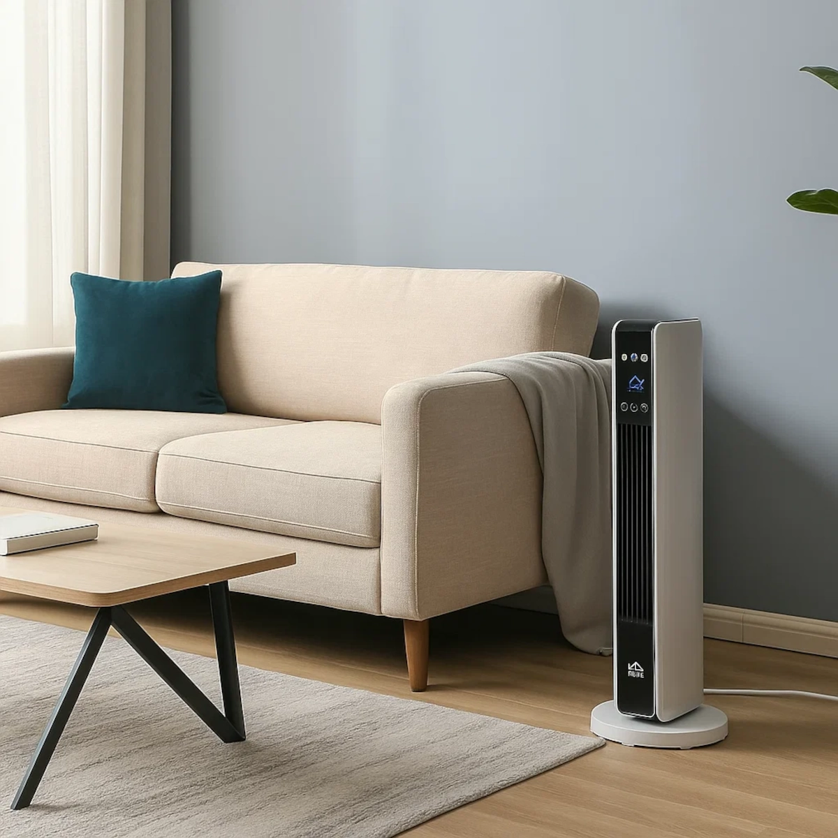 Living room space heater placed beside sofa to maintain cozy seating area warmth.