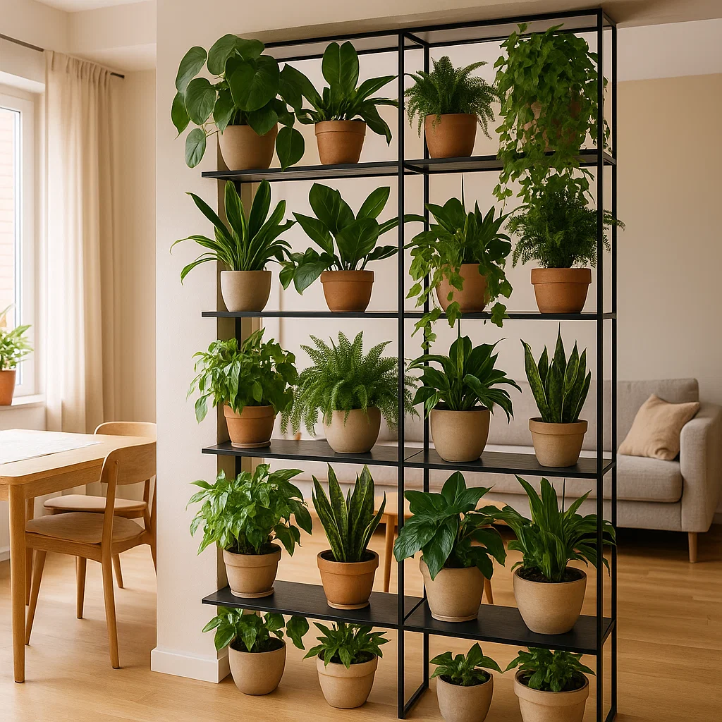 Black metal shelving filled with potted green plants used as natural room divider between dining and living area.