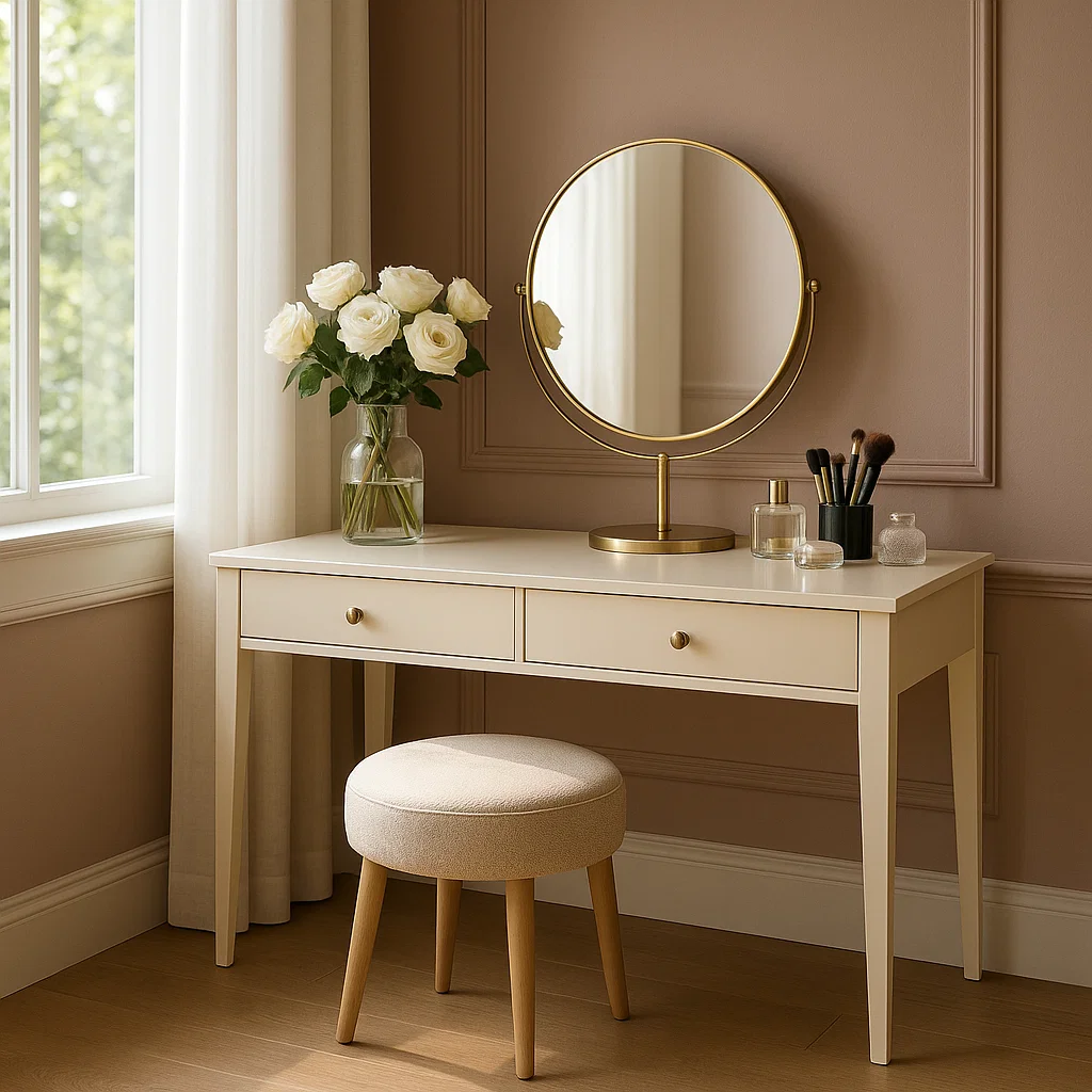 Minimalist vanity table with round mirror and roses with neutral toned decor.