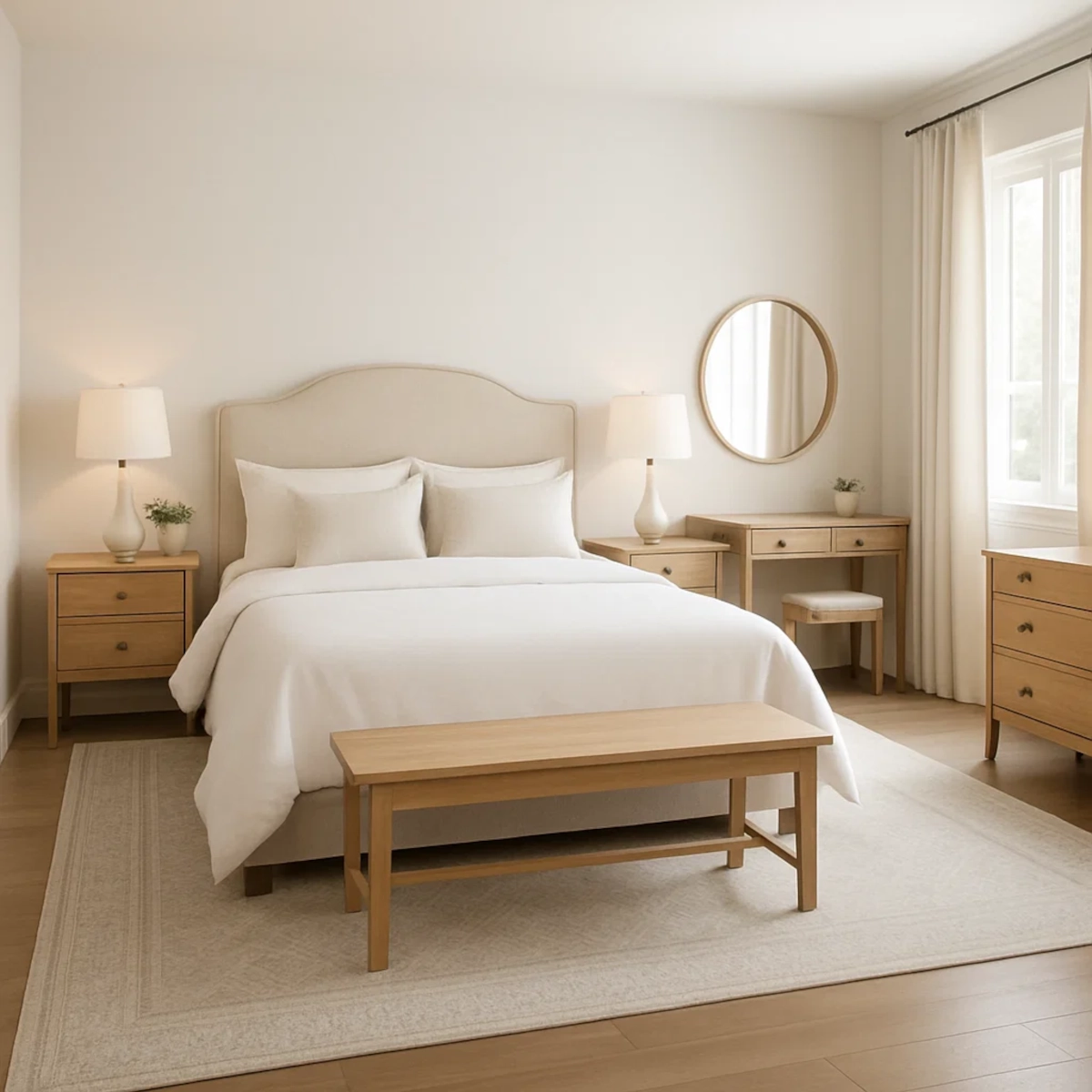 Spacious bedroom with light wood furniture and area rug placed beneath bed and bench.
