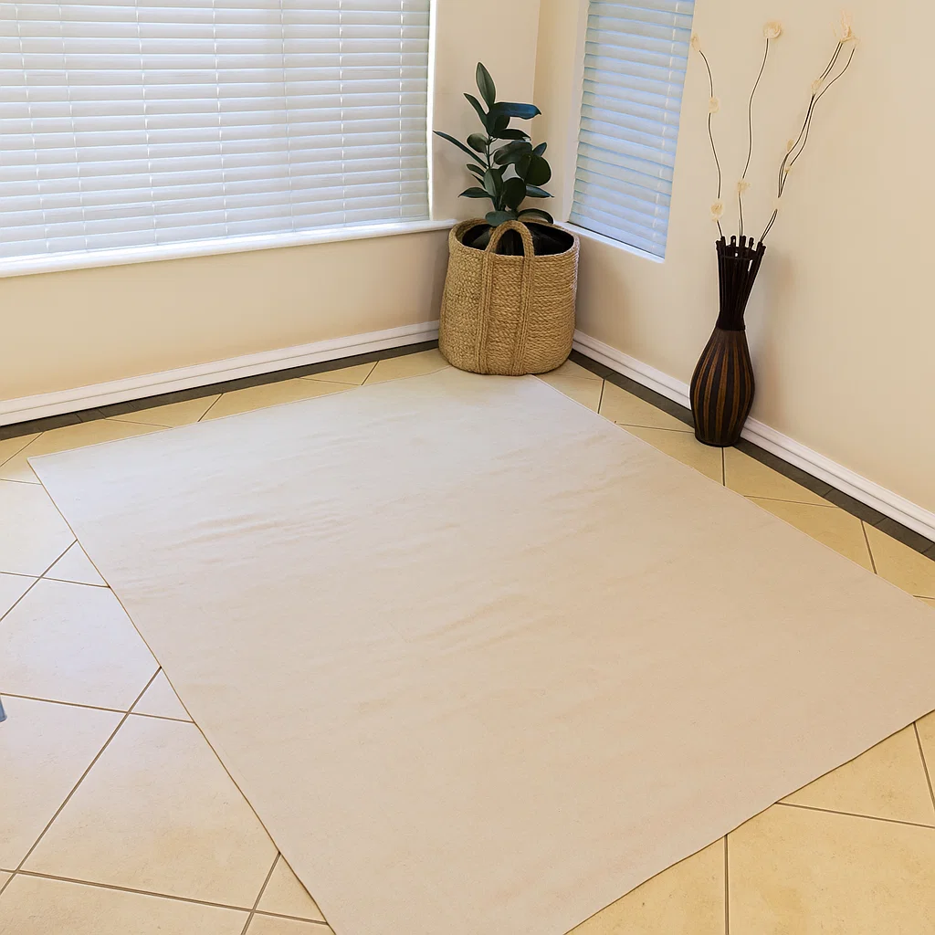 Empty tiled corner of room with neutral rug and potted plant, prepped for furniture assembly.