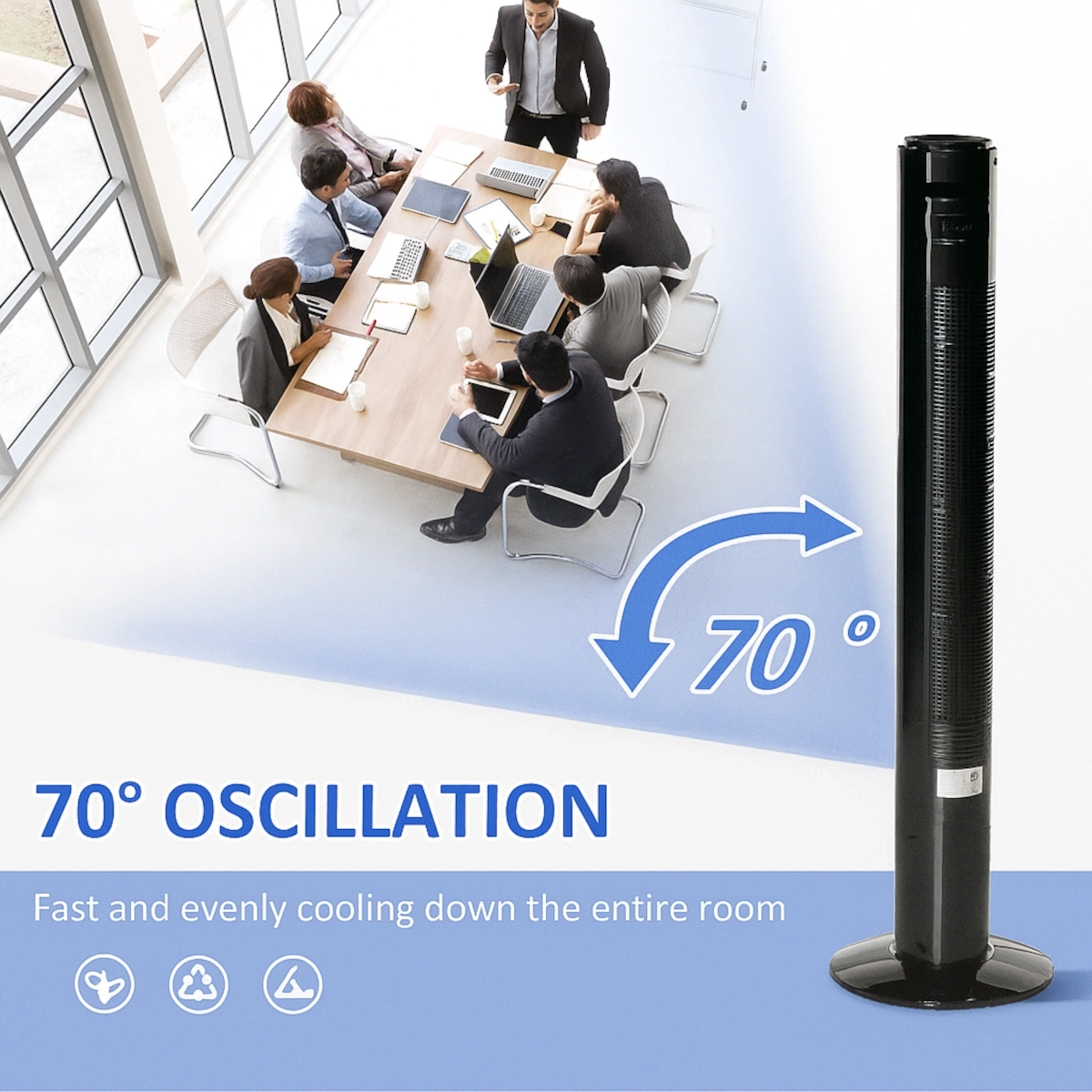 Tower fan oscillating 70 degrees in modern office setting.
