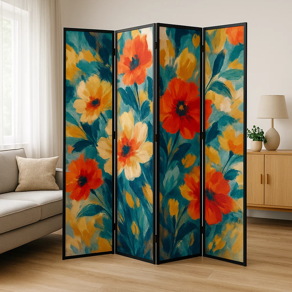 Colorful floral print fabric room divider with bold red, yellow, and teal flowers.