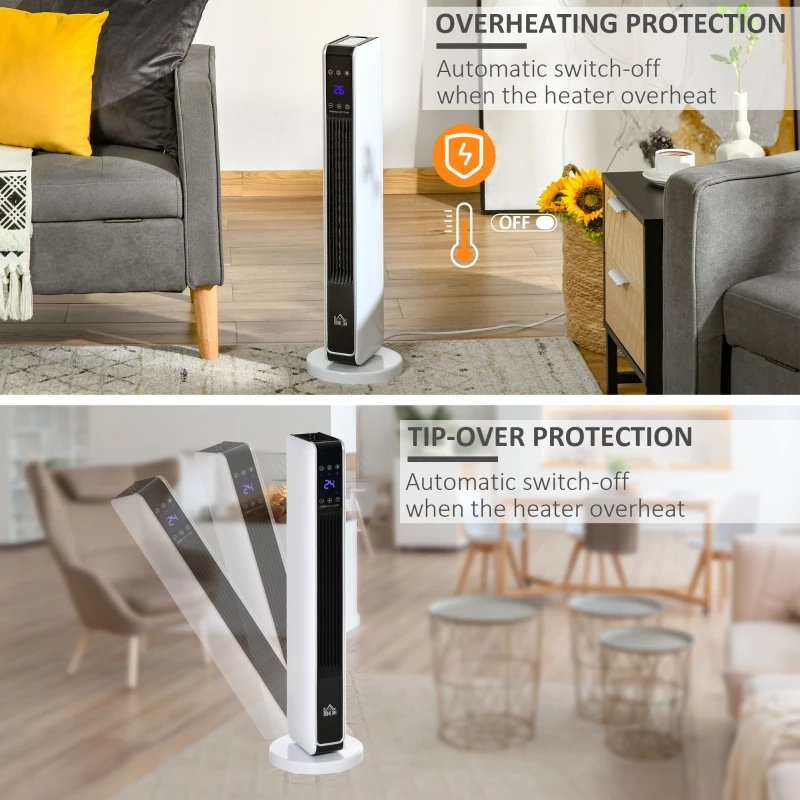 Tower heater showing overheating and tip-over protection features in a living room setting.