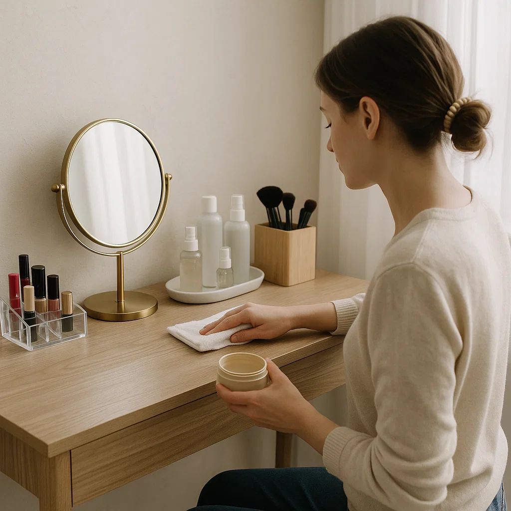 Woman cleaning vanity table with skincare bottles, makeup brushes, and nail polishes neatly arranged.