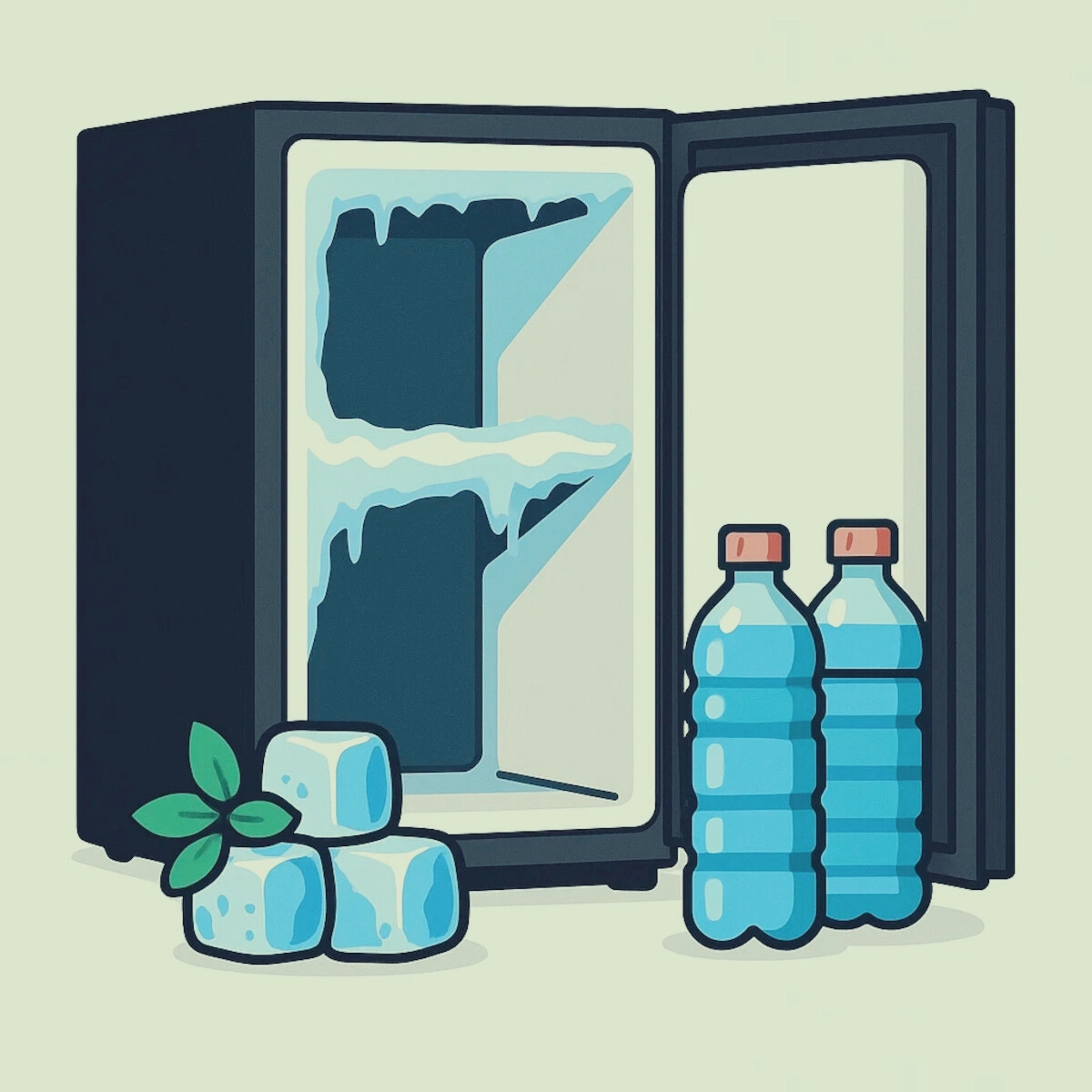 Mini fridge stocked with water bottles and glass jars