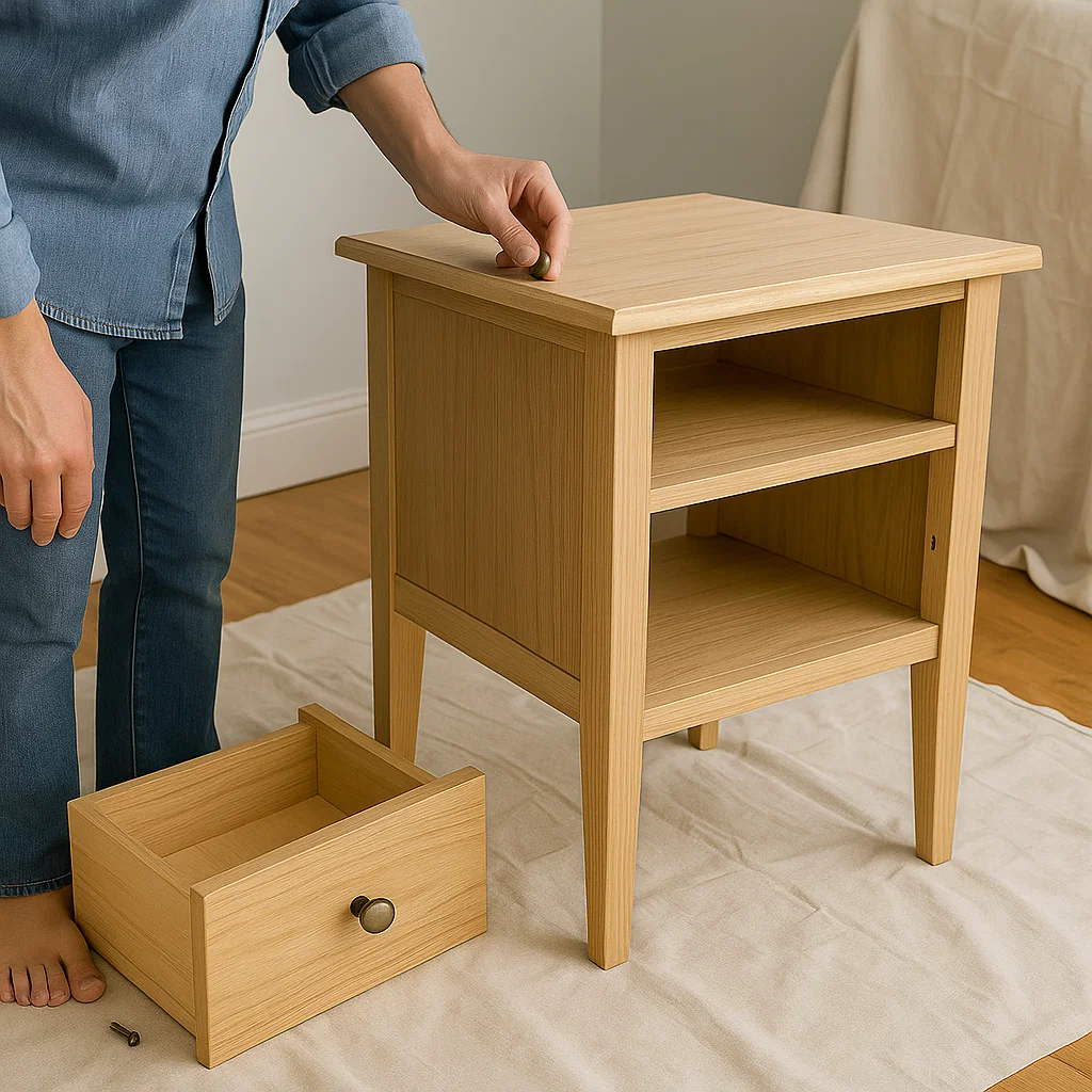 Person removing drawer and hardware from wooden bedside table before sanding and painting.