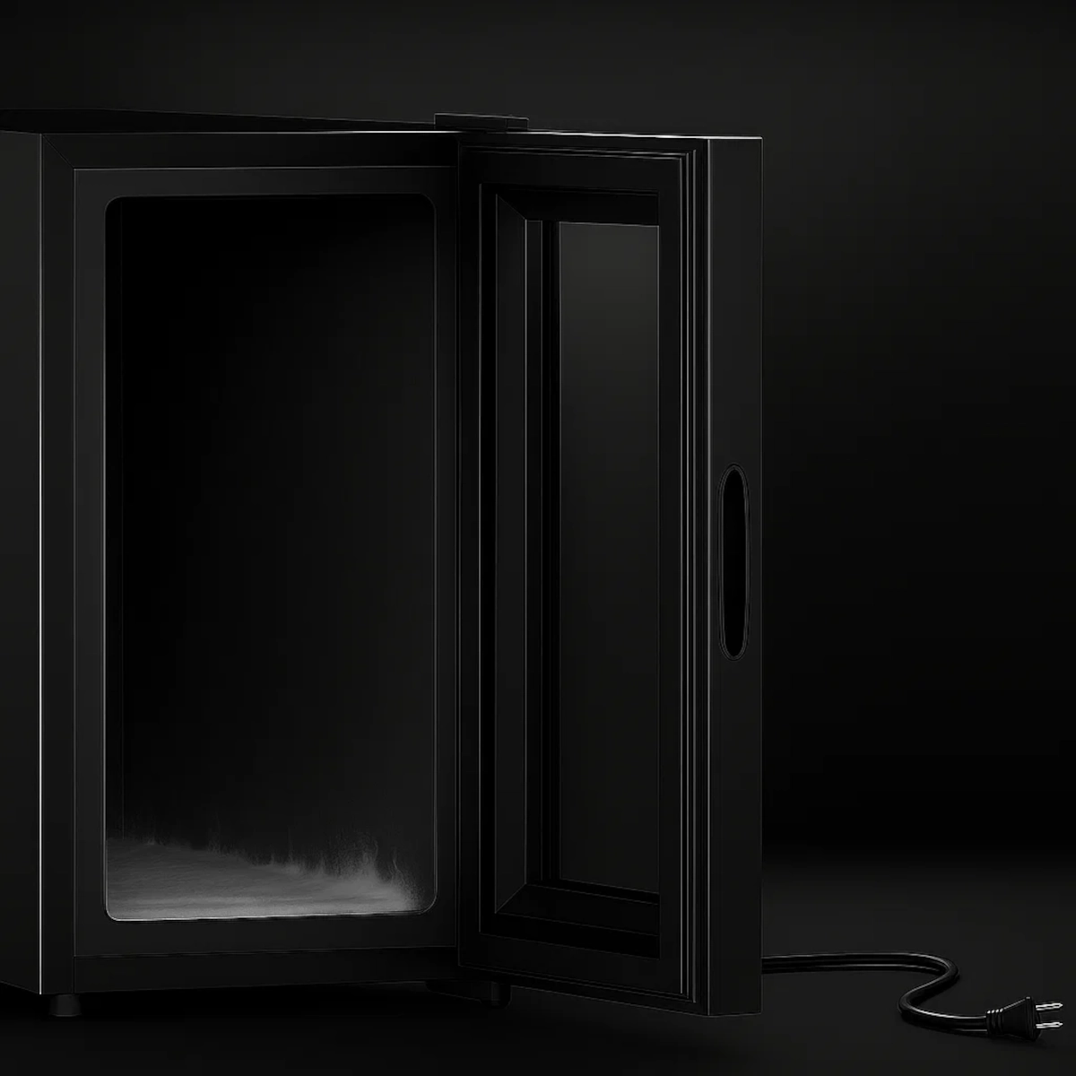 Empty wine fridge with shelves removed, minimal frost inside.