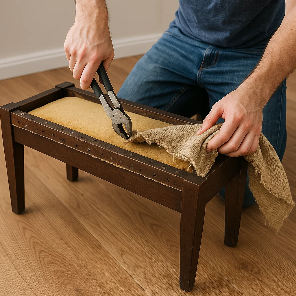 Hands cutting away worn vinyl upholstery from bench cushion with snips