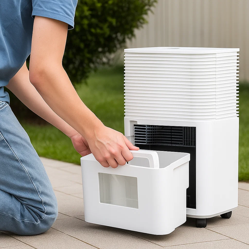 Person pulling out dehumidifier water tank for cleaning.