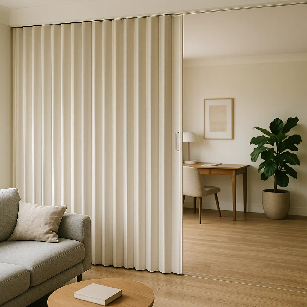 Beige retractable folding door partition dividing home office from living room with light wood flooring.