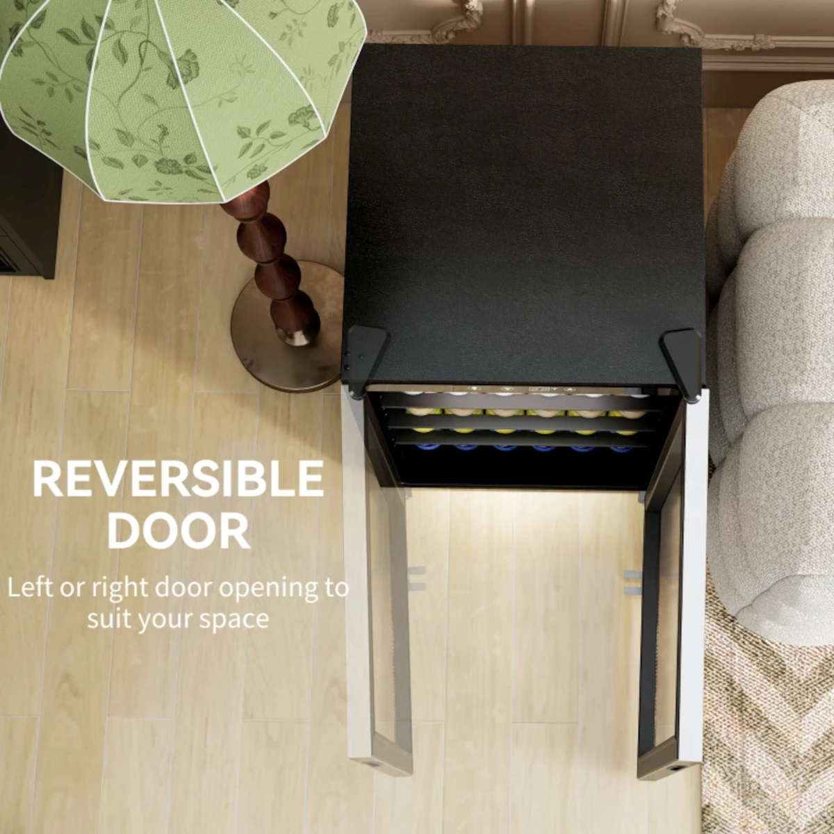Top-down view of beverage fridge showing reversible door beside a lamp and fabric sofa.