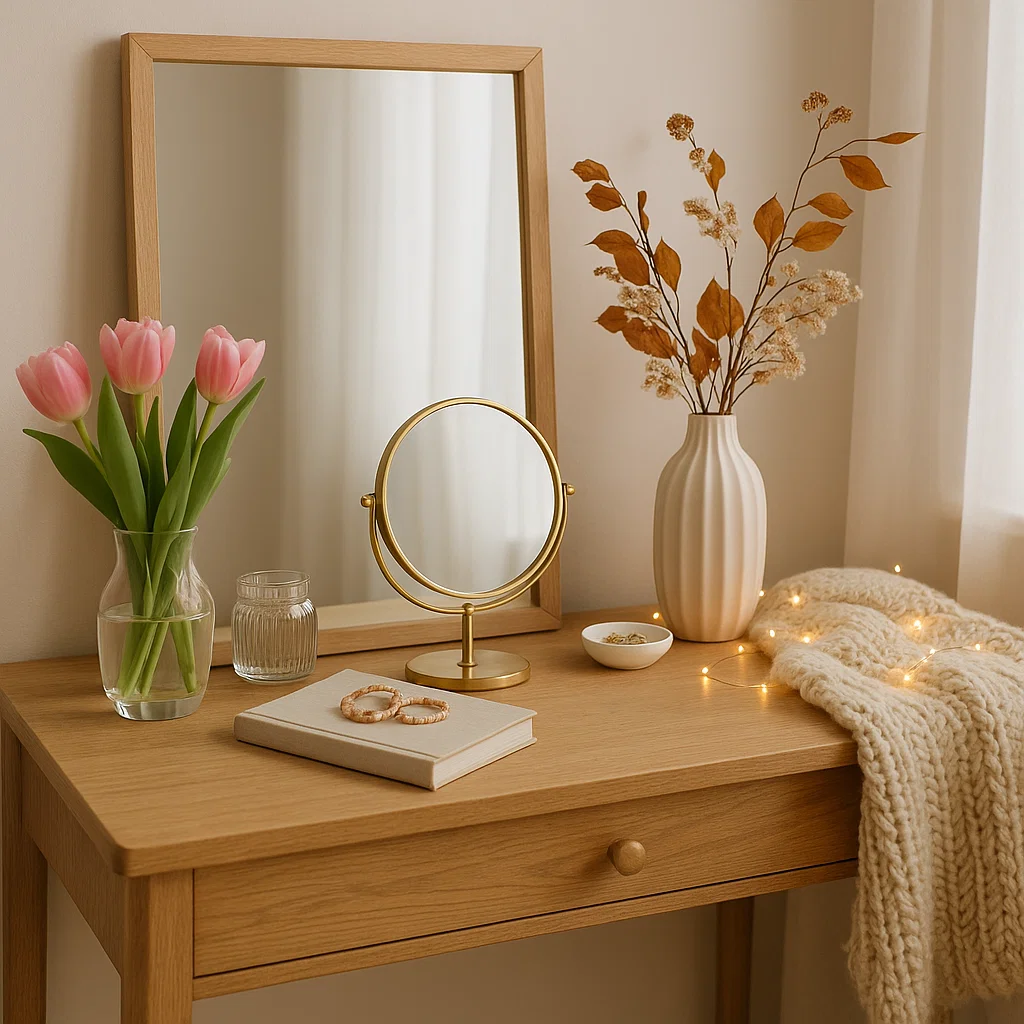 Dressing table styled with tulips, a mirror, seasonal flowers, and fairy lights for a fresh update.