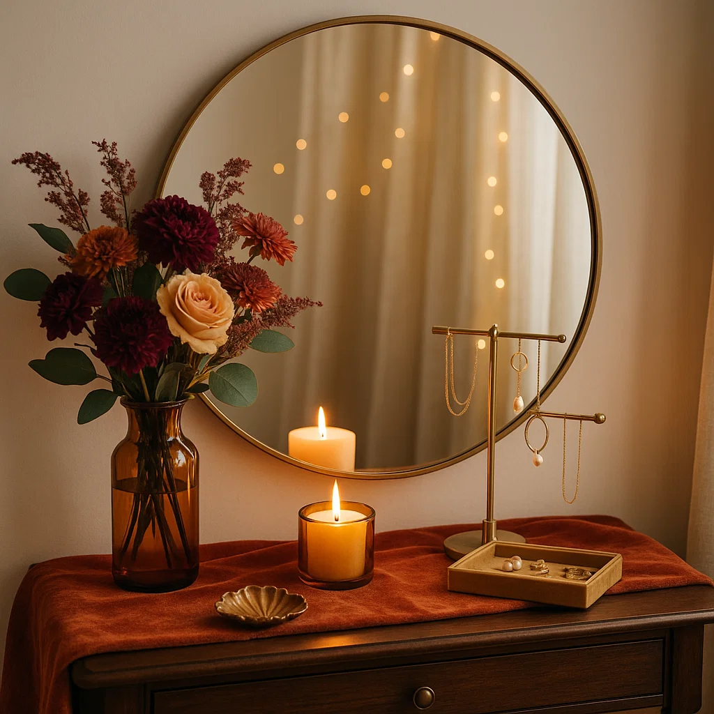 Warm toned vanity table with autumn flowers and candles beside a gold jewelry stand.