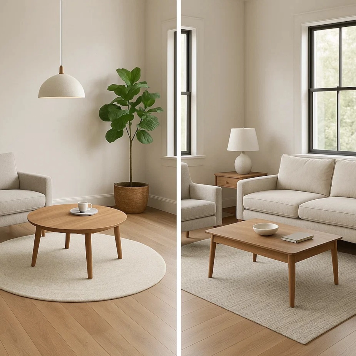 Split view of round and rectangular rugs under coffee tables in minimalist living rooms.