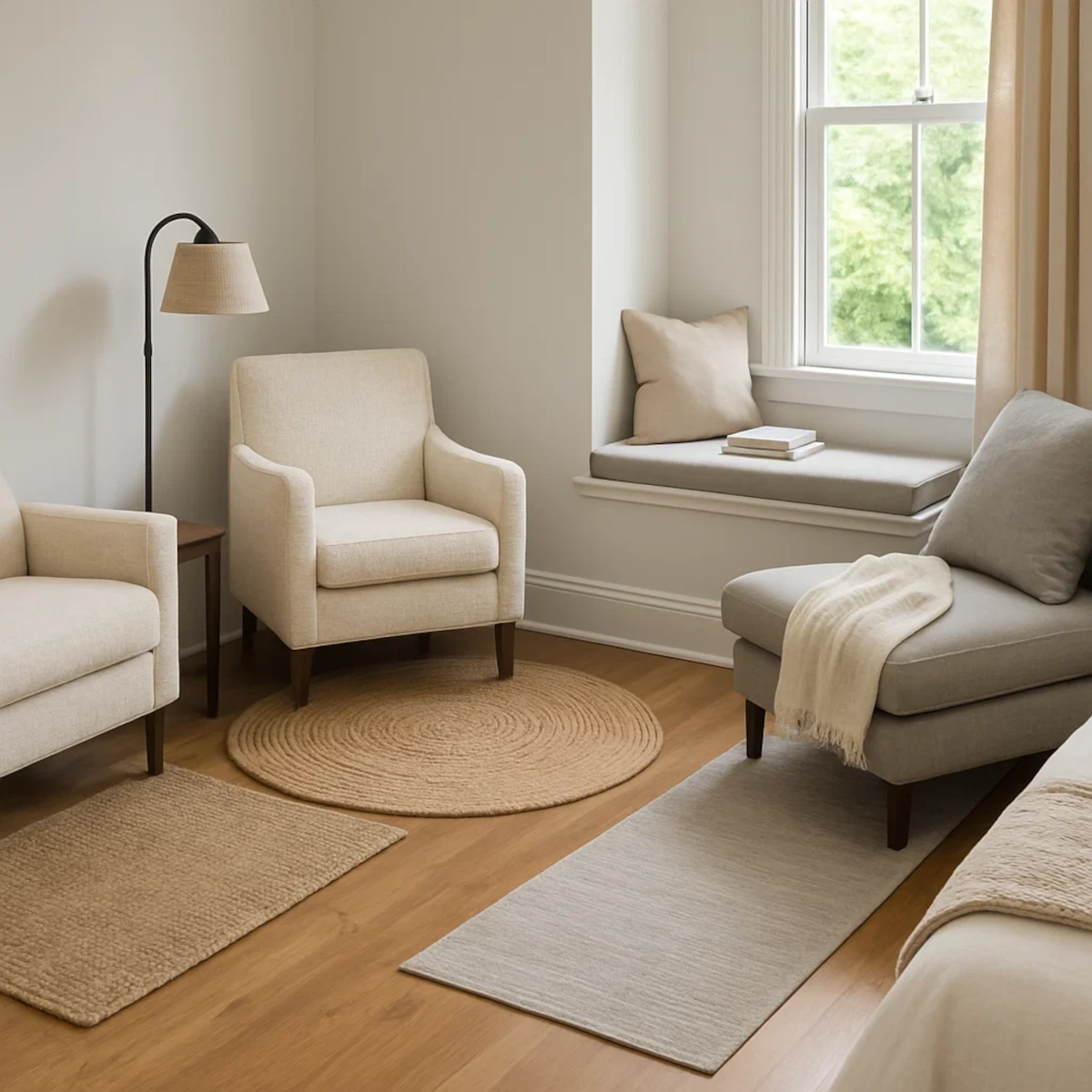 Neutral reading nook with multiple chairs and layered area rugs including round, rectangular, and runner styles.
