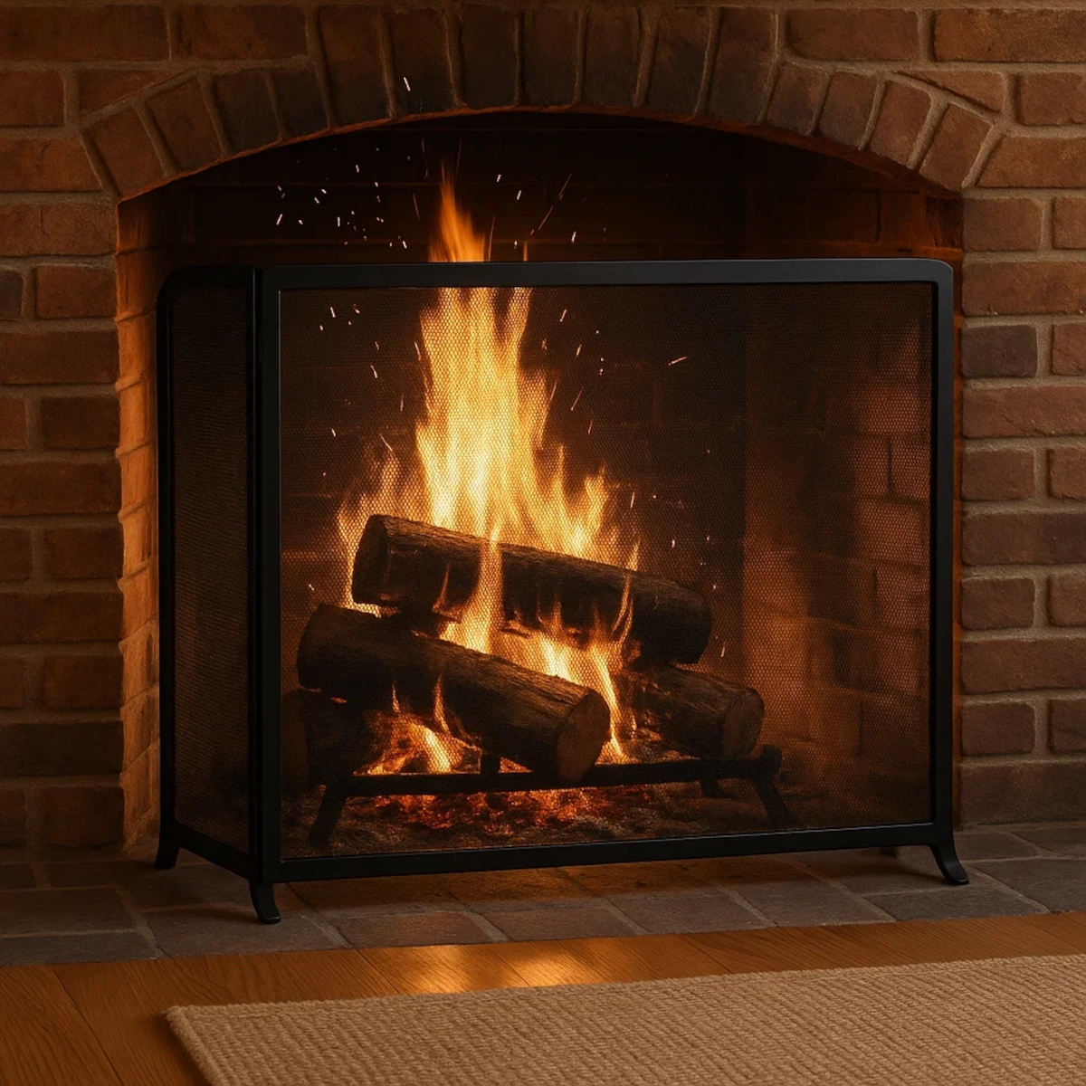 Large black mesh fireplace screen blocking sparks from a blazing wood fire in a brick fireplace.