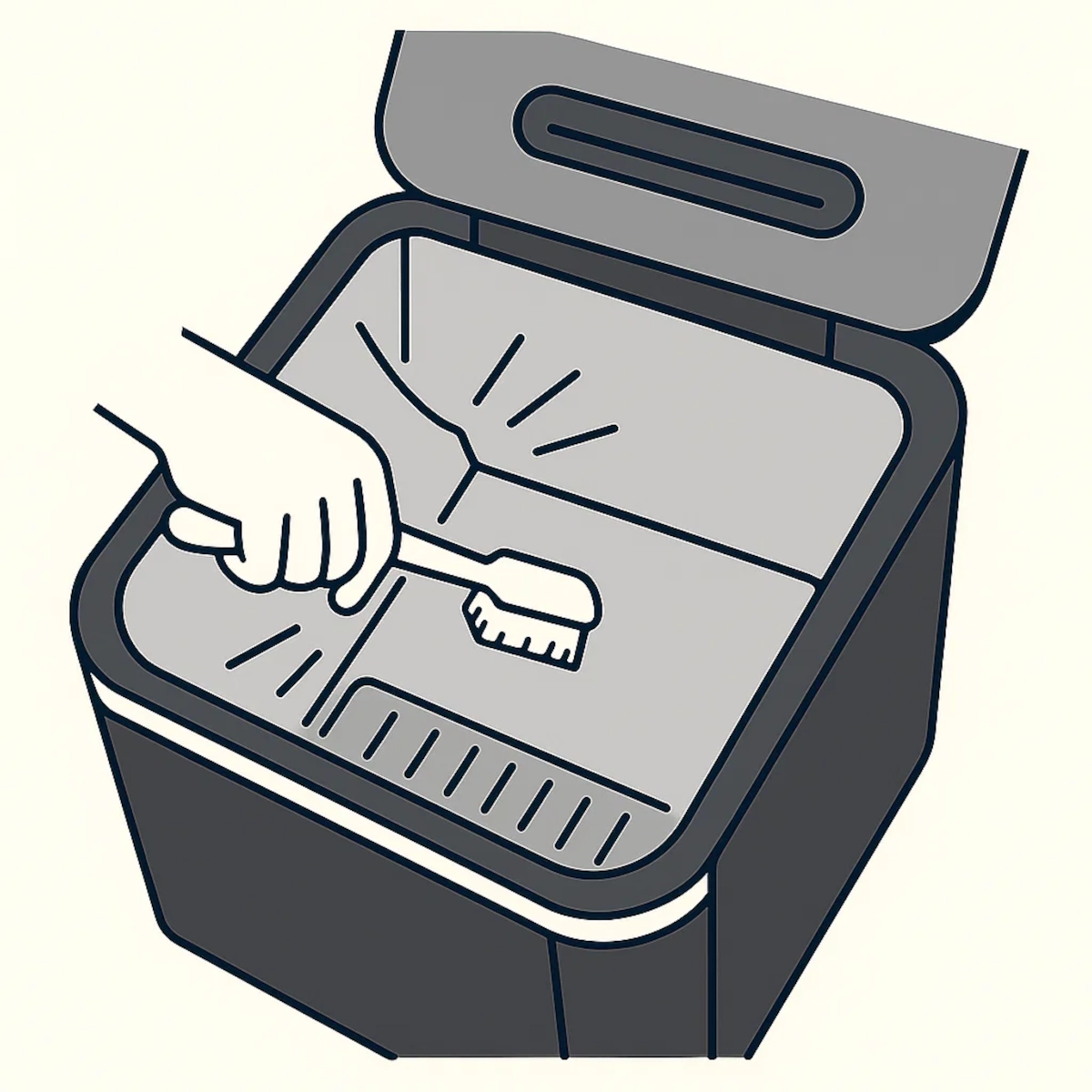 Hand using a brush to scrub the interior surface of a portable ice maker.