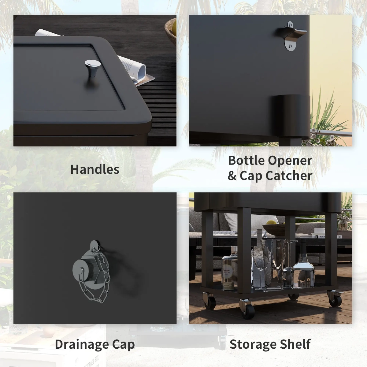 Cooler with handles, opener, drainage cap, and shelf.
