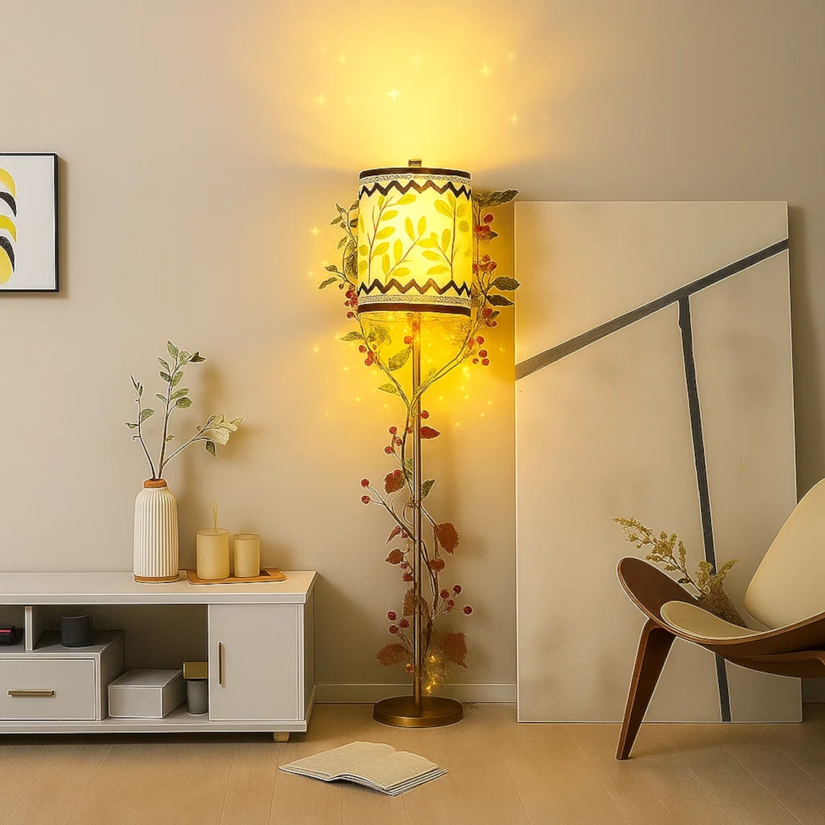 Floor lamp wrapped with greenery and seasonal accents, blending natural decorative touches into home décor.