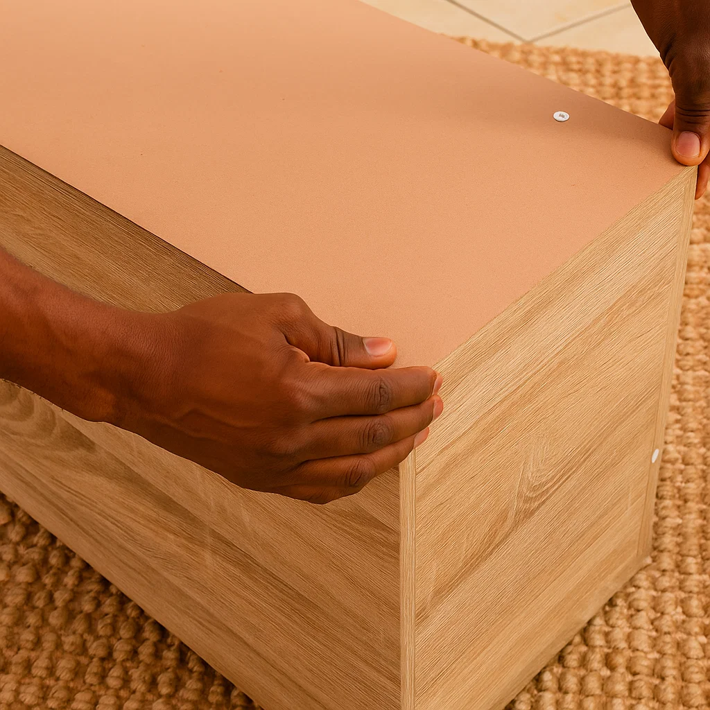 Hands aligning and pressing down backing board on wooden cabinet during final assembly steps.