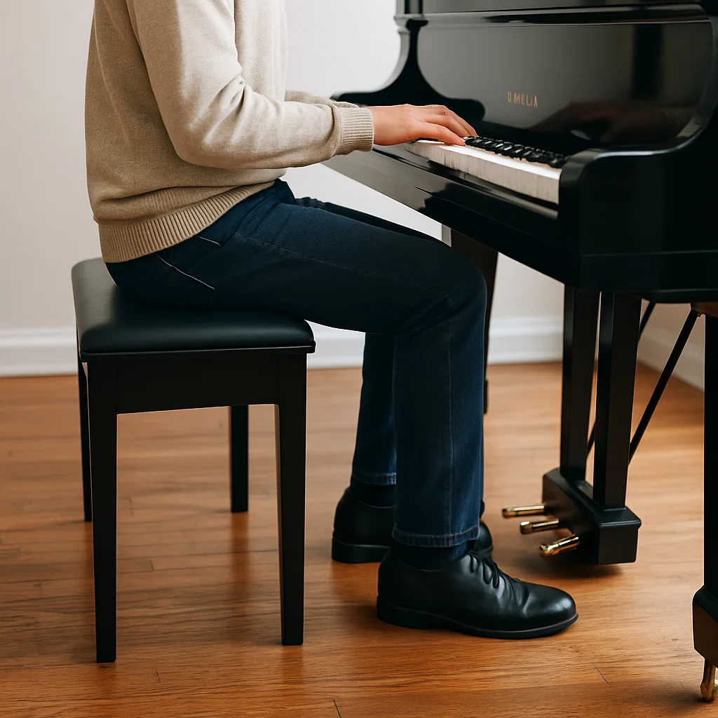Man seated at upright piano with proper posture and flat feet resting securely on wooden floor